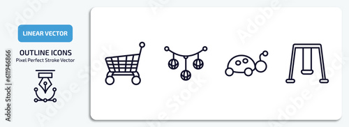 toys outline icons set. toys thin line icons pack included cart toy, pram toy, ladybug toy, swing vector.
