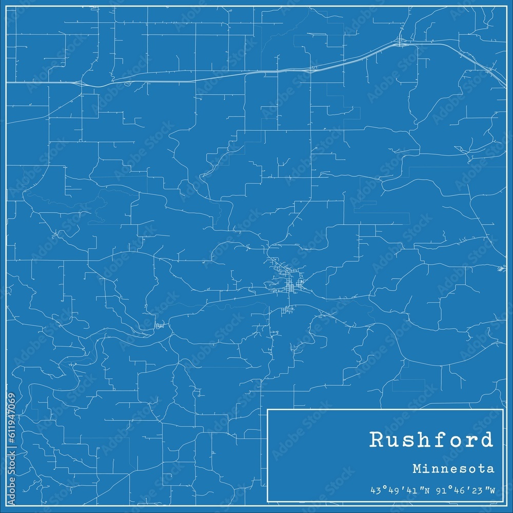 Blueprint US city map of Rushford, Minnesota.