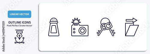 tools and utensils outline icons set. tools and utensils thin line icons pack included pepper container, camera with flash, key ring with two keys, shear vector.