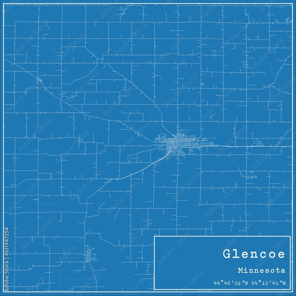 Blueprint US city map of Glencoe, Minnesota.