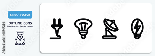 technology collection. outline icons set. technology collection. thin line icons pack included power plug, bulb, reciever, electric vector.
