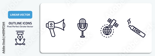 technology outline icons set. technology thin line icons pack included modern horn, radio microphone, satellite in orbit, electronic cigarette vector.