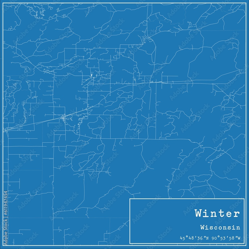 Blueprint US city map of Winter, Wisconsin.