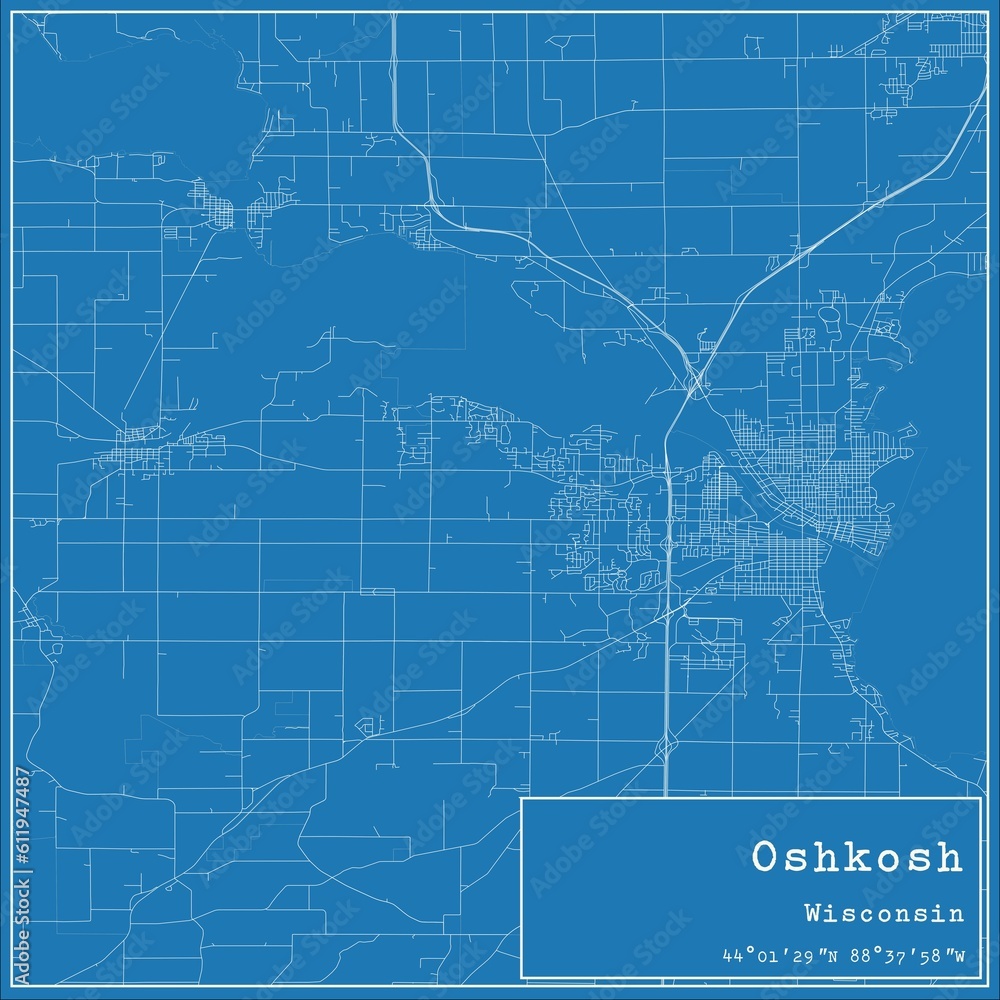 Blueprint US city map of Oshkosh, Wisconsin.