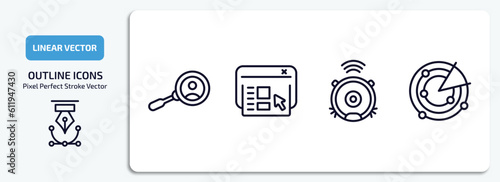 technology outline icons set. technology thin line icons pack included user research, user interface, robot vacuum, radar sweep vector.