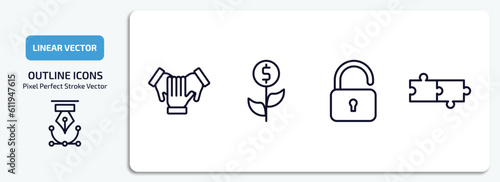startup stategy and outline icons set. startup stategy and thin line icons pack included cooperation, investment, open padlock, jigsaw vector.