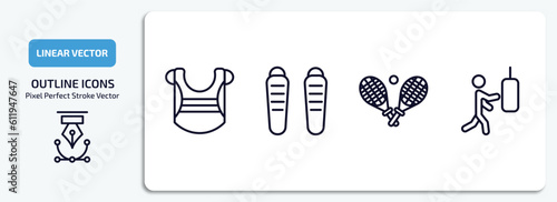 sports outline icons set. sports thin line icons pack included chest guard, shin guards, tennis game, man punching vector.