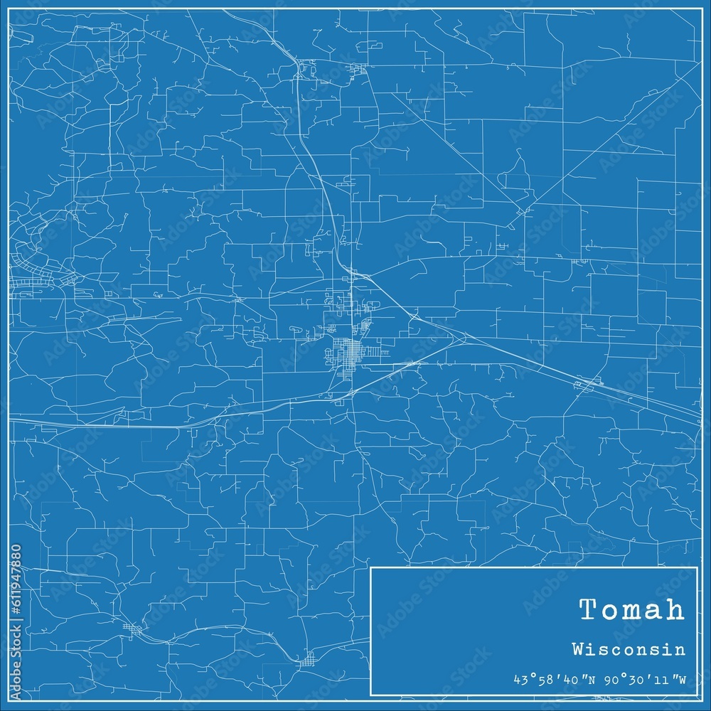 Blueprint US city map of Tomah, Wisconsin.