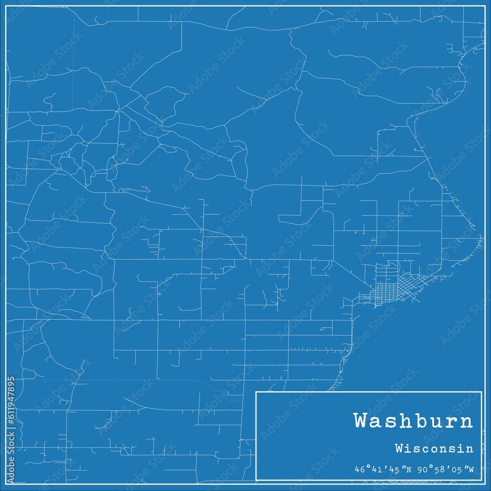 Blueprint US city map of Washburn, Wisconsin.