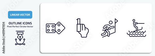 sports outline icons set. sports thin line icons pack included board gaming, starting gun, winning the race, surf sea vector.