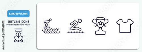 sports outline icons set. sports thin line icons pack included swimming jump, long jump, sport trophy, short sleeves vector.
