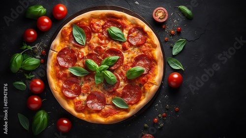 Tasty pepperoni pizza on the dark background. Generative AI