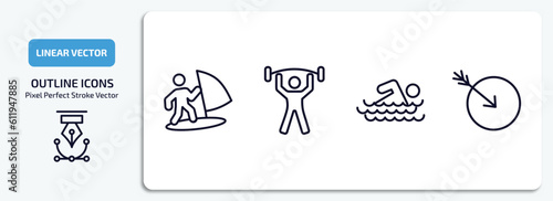 sports outline icons set. sports thin line icons pack included man windsurfing, exercise gym, swimming man, ball arrow vector.