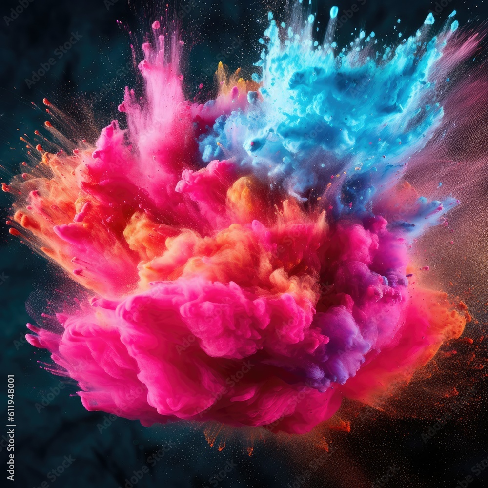 A detailed image of a puff of vibrant, colored powder being thrown into the air, emphasizing the dynamic motion and vivid hues - generative AI A detailed image of a puff of vibrant, colored powder being thrown into the air, emphasizing the dynamic motion and vivid hues - generative AI