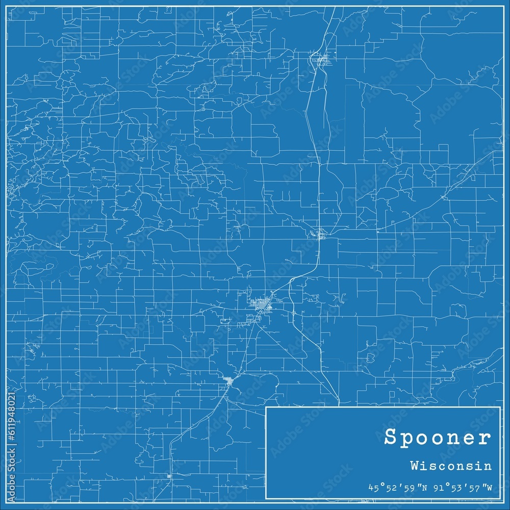 Blueprint US city map of Spooner, Wisconsin.
