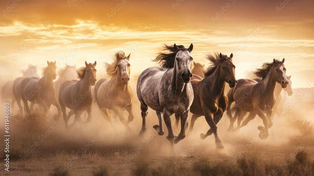 Obraz premium herd of wild horses galloping freely through a vast landscape. The manes fly in the wind and the hooves leave traces in the soft grass. The sun casts warm light on the animals - generative AI