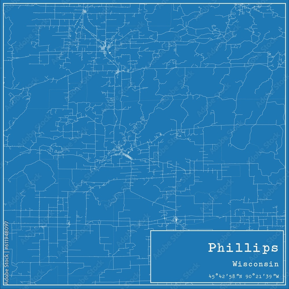 Blueprint US city map of Phillips, Wisconsin. Blueprint US city map of Phillips, Wisconsin.