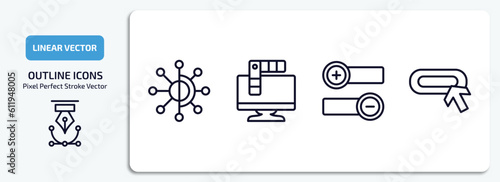 social media marketing outline icons set. social media marketing thin line icons pack included timeline, color, pros and cons, buttons vector.