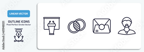 social media marketing outline icons set. social media marketing thin line icons pack included seminar, overlap, letter with stamp, rocker vector.