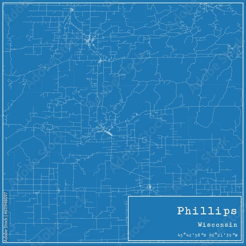 Blueprint US city map of Phillips, Wisconsin. photo