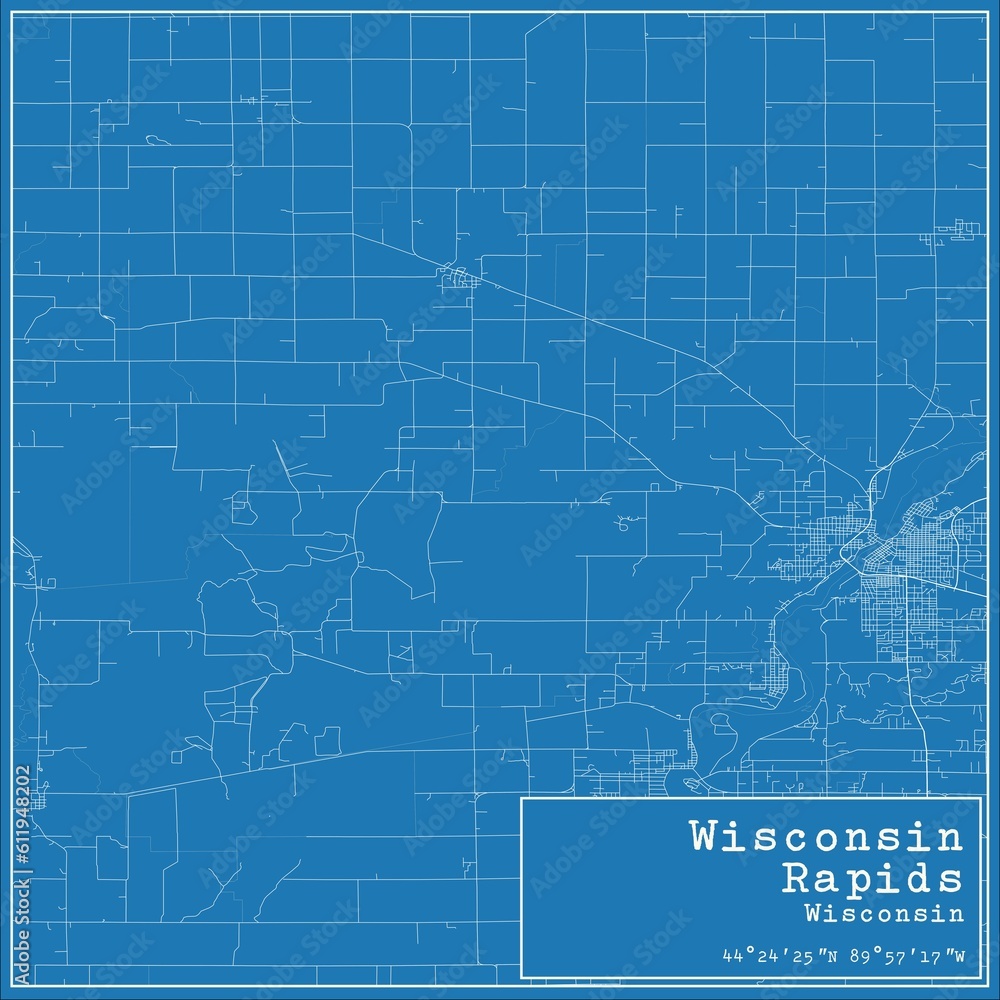 Blueprint US city map of Wisconsin Rapids, Wisconsin.