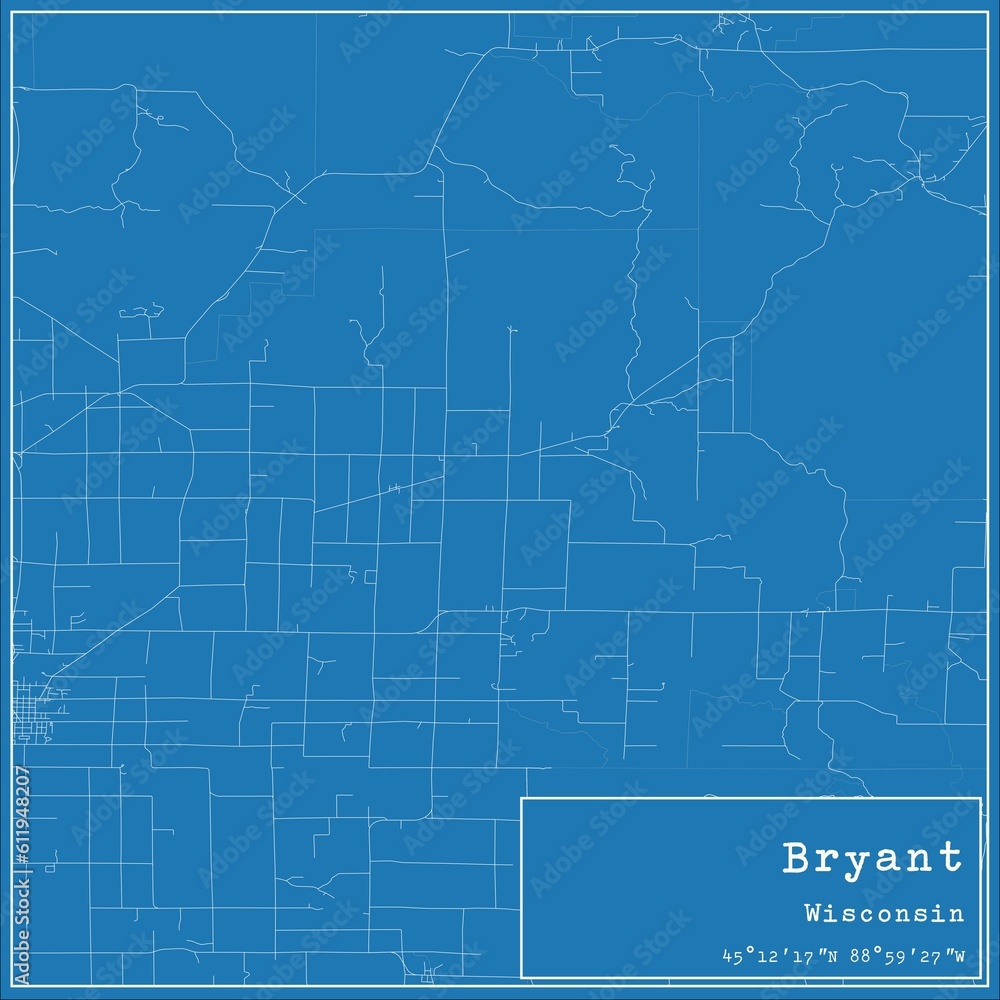 Blueprint US city map of Bryant, Wisconsin.