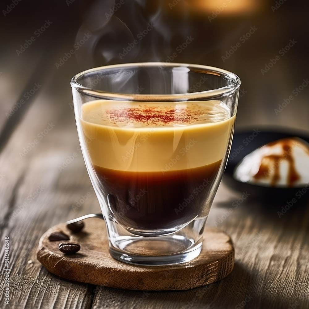 steaming espresso shot in a clear glass cup on a rustic wooden table, emphasizing the rich color and creamy crema - generative AI steaming espresso shot in a clear glass cup on a rustic wooden table, emphasizing the rich color and creamy crema - generative AI