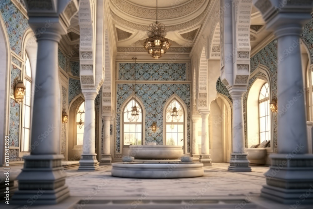 Turkish bath interior, luxury architecture marble wall and floor. Generative AI