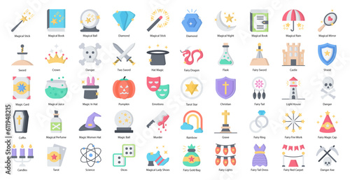 Magic & Fairy Flat Icons Witch Wizard Icon Set in Color Style 50 Vector Icons 