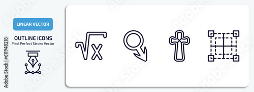 signs collection. thin outline icons set. signs collection. thin thin line icons pack included square root, male gender, gross dark cross, borders vector.