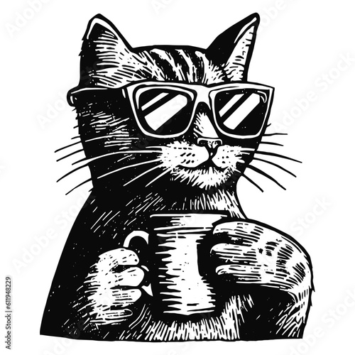 cool cat wearing sunglasses with a cup of coffee sketch
