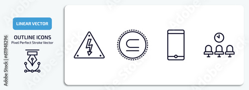 signs outline icons set. signs thin line icons pack included high voltage, is a sub of, smarthphone, waiting room vector.
