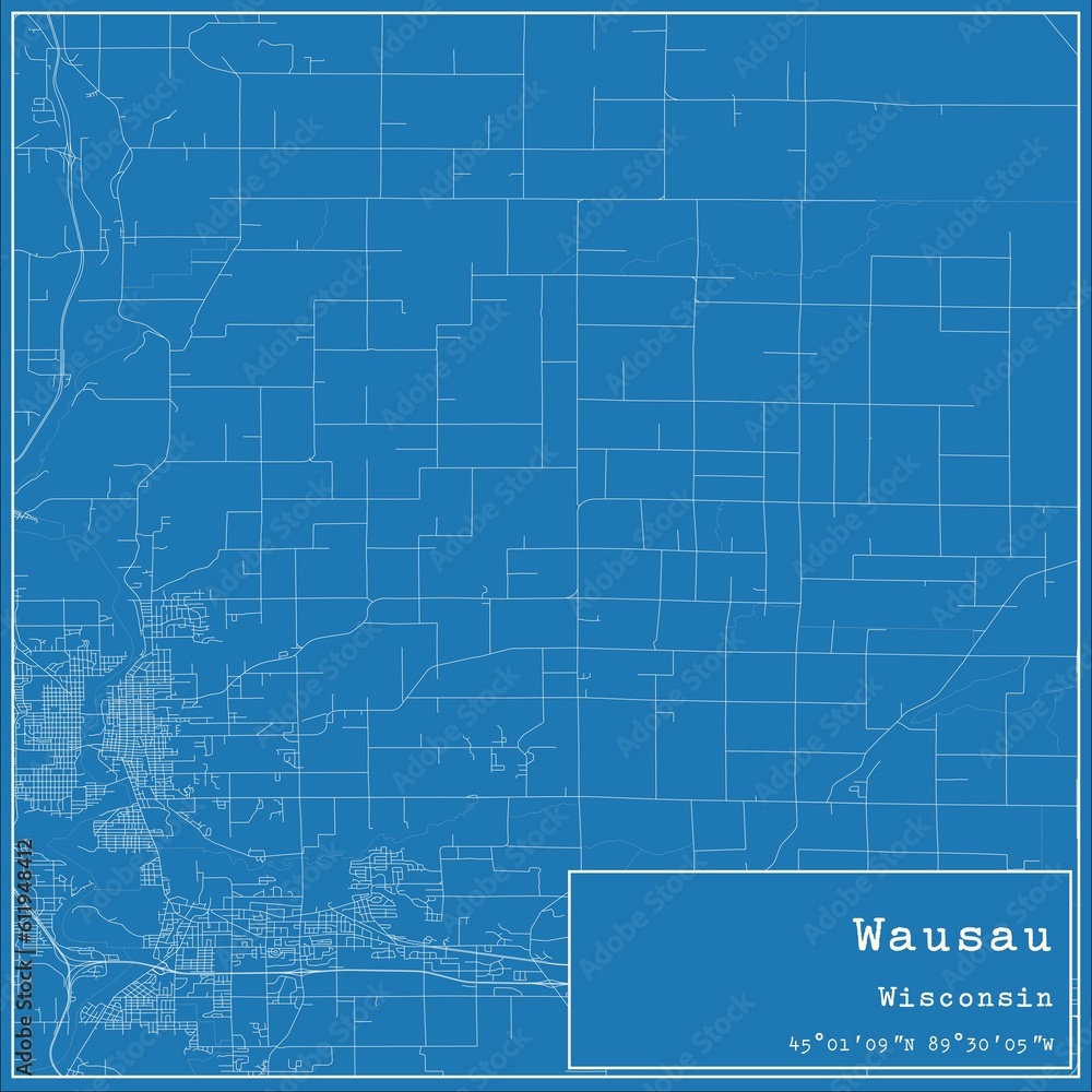 Blueprint US city map of Wausau, Wisconsin.