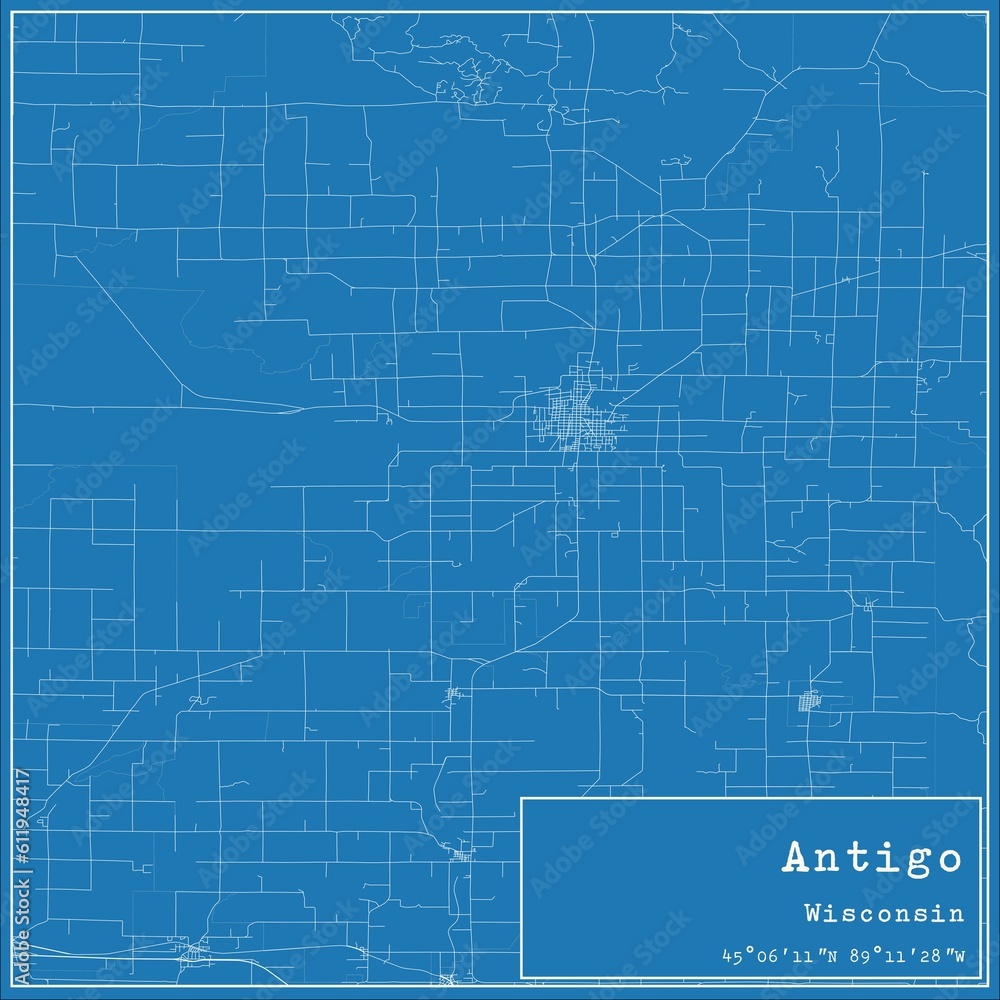 Blueprint US city map of Antigo, Wisconsin.