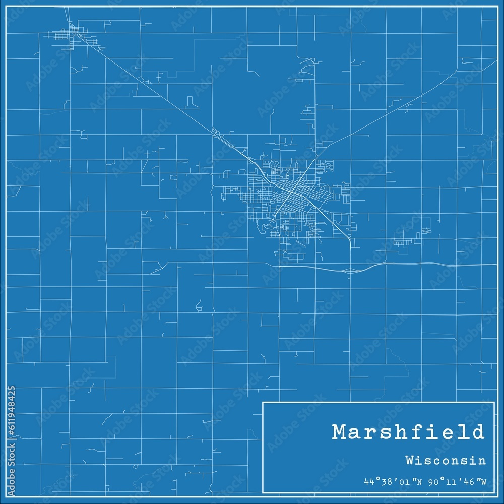 Blueprint US city map of Marshfield, Wisconsin.