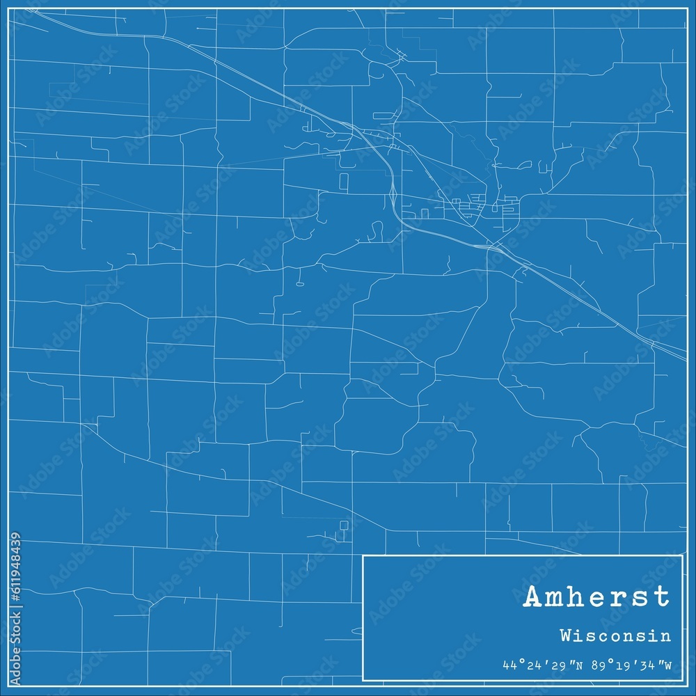 Blueprint US city map of Amherst, Wisconsin.