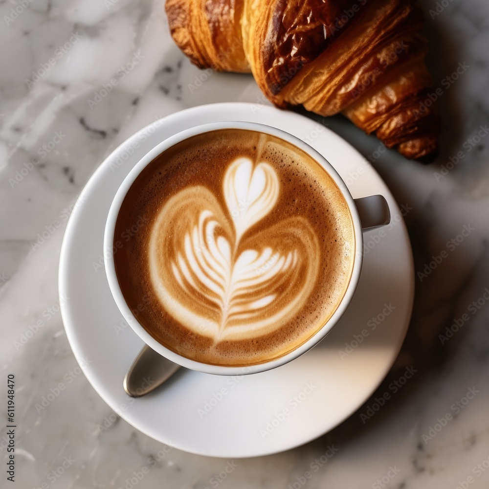 A stunning overhead shot of a cappuccino with a perfect foam heart, set on a marble table with a croissant on the side, focusing on the arrangement and natural light - generative AI A stunning overhead shot of a cappuccino with a perfect foam heart, set on a marble table with a croissant on the side, focusing on the arrangement and natural light - generative AI