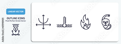 shapes outline icons set. shapes thin line icons pack included parabola, engine coolant, fire over line, skull and snake vector.