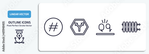 shapes outline icons set. shapes thin line icons pack included hash key, y shaped intersection, letter glow effect, radiators vector.