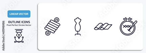 sew outline icons set. sew thin line icons pack included wire coil, dummy, fabrics, embroidery hoop vector.