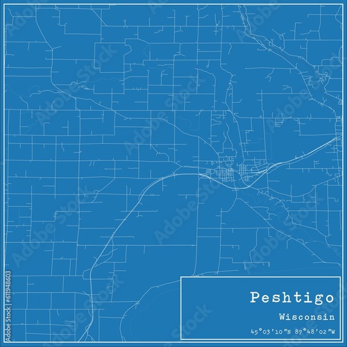 Blueprint US city map of Peshtigo, Wisconsin. photo