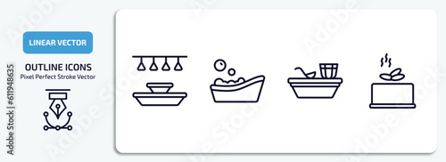 sauna outline icons set. sauna thin line icons pack included light stimulation, asian bath, turkish bath, earth sauna vector.