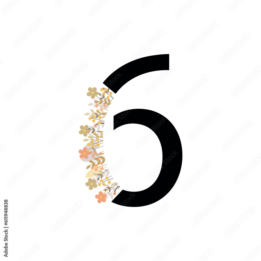 number 6. vector drawing. the alphabet is English. a letter with flowers. partial bouquet with letters. on a white background. EPS 10. number 6. vector drawing. the alphabet is English. a letter with flowers. partial bouquet with letters. on a white background. EPS 10.