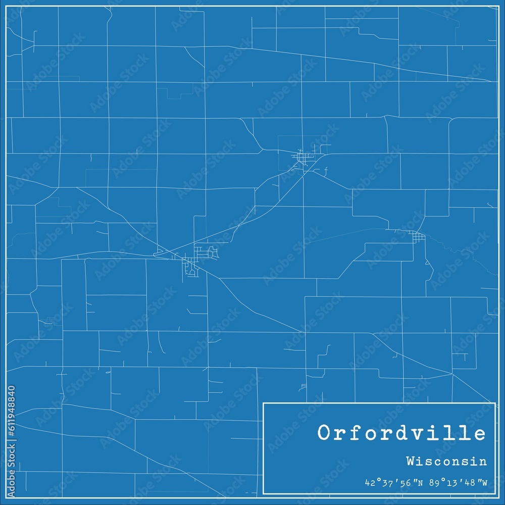 Blueprint US city map of Orfordville, Wisconsin.