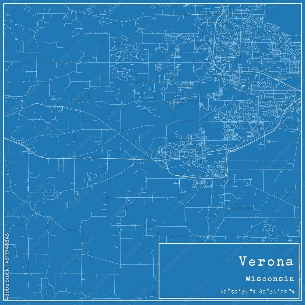 Blueprint US city map of Verona, Wisconsin.