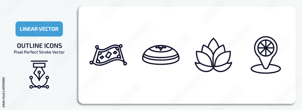 religion outline icons set. religion thin line icons pack included magic carpet, kippah, lotus, india vector.