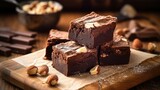 chocolate brownie with nuts, brownies with almond topping slice in table kitchen, and stuff tools equipment - generative AI