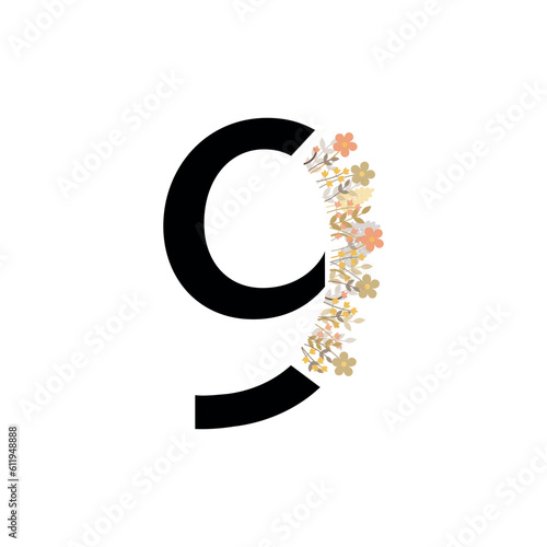 number 9. vector drawing. the alphabet is English. a letter with flowers. partial bouquet with letters. on a white background. EPS 10.