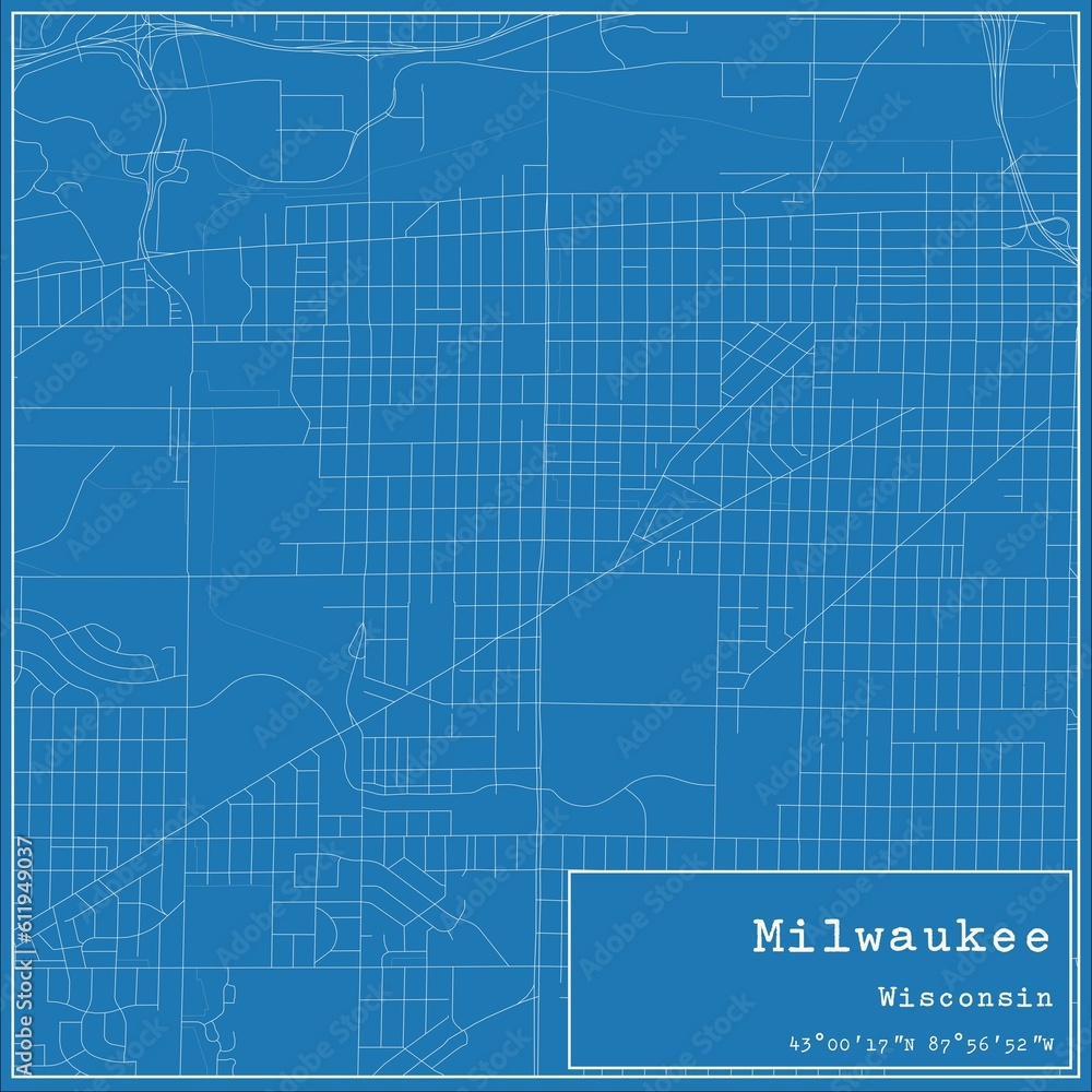 Blueprint US city map of Milwaukee, Wisconsin.