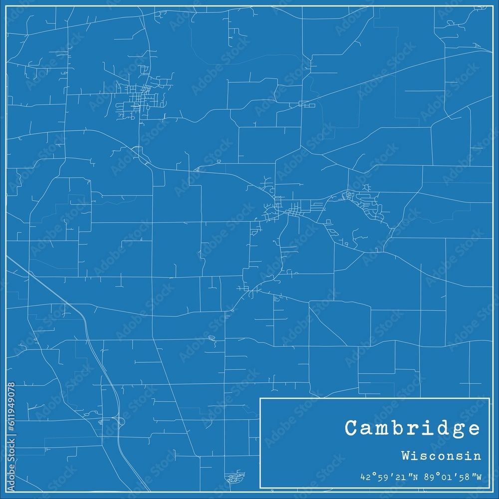 Blueprint US city map of Cambridge, Wisconsin.